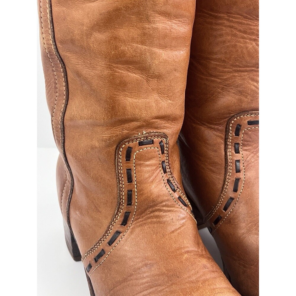 VTG Acme Campus Boots Womens 10 M Tan Cognac Leather Tall Boots Western USA - Picture 7 of 16